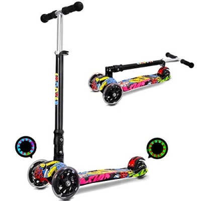 Imagen de IMMEK Patinete Plegable con 3 Ruedas PU Led Luces Iluminadas para a 12 Años Altura Ajustable Desde 75 83 CM Niños Juguetes y Regalos Freno Posterior Carga Máxima 50 KG (Grafiti)