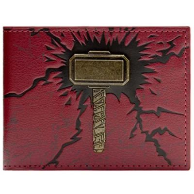 Imagen de Endgame Thor Martillo Mjolnir 3D de Bronce Emblema Billetera/Cartera Bi Fold Porta ID &amp; Tarjetero, Rojo