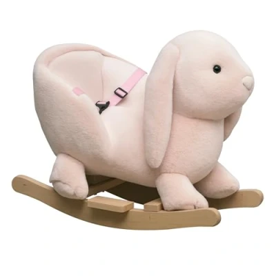 Imagen de HOMCOM Caballito Balancín Infantil Forma de Conejo Felpa para Bebés 18 36 Meses con Sonido Cinturón Seguridad Manillar y Reposapiés 60x33x50cm Rosa