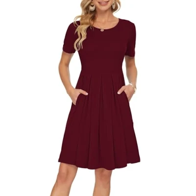 Imagen de AUSELILY Vestido Informal de Manga Corta con Pliegues Sueltos y para Mujer Vino Rojo,M