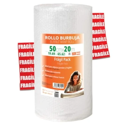 Imagen de OFITURIA papel Burbujas Embalaje 50cm x 20m Pack Frágil con 12 Etiquetas FRÁGIL ideal para embalaje, burbuja, mudanza, bubble wrap