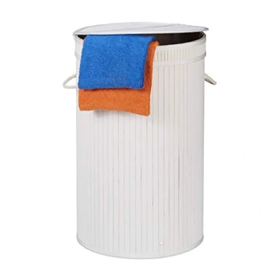 Imagen de Relaxdays Cesto Ropa Sucia con Tapa, Cubo Colada Plegable, Redondo, Bambú, 65 litros, Ø 40 cm, Blanco