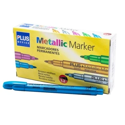 Imagen de Plus Office 12 Rotuladores con Efecto Metalizado, Marcadores Permanentes para Escribir, Pintar, Marcar Cualquier Tipo de Materiales, Metálicos Punta 1.2mm (Azul)