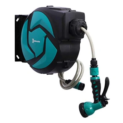 Imagen de DURHAND Carrete para Manguera Retráctil 10m con 7 Modos de Riego Sistema Enrollado Automático Bloqueo Conector 1m Jardín Césped 28x14x34 cm Negro y Verde
