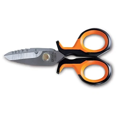 Imagen de BETA 1128BSX, Tijera Profesional de Electricista con Cuchilla Graduada Acero Inoxidable, Mango Bimaterial y Pasador Antiaflojamiento, Estuche Incluido
