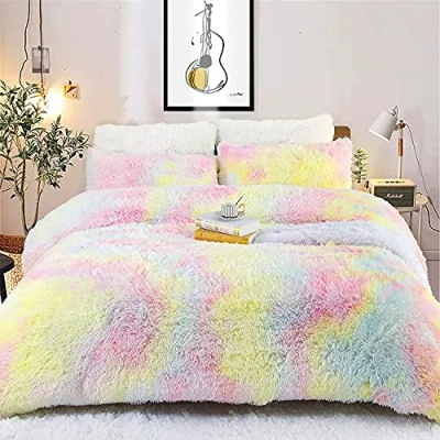 Imagen de Sacebeleu Juego de ropa cama felpa, 135 x 200 cm, multicolor, cálido, invierno, mullido, franela, funda edredón con cremallera y 1 almohada 80 cm