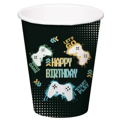 Imagen de Folat B.V. 24965 Decoración videojuegos Tazas Level Up 250 ml 8 piezas Vajilla para fiesta de cumpleaños Gaming, color negro