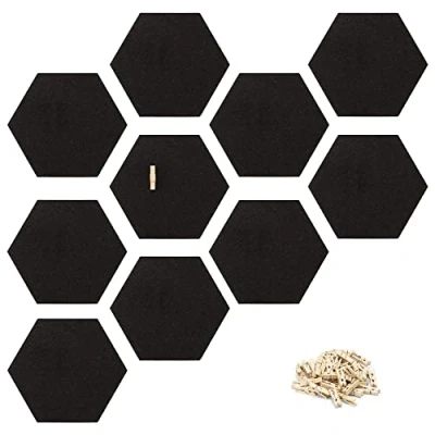 Imagen de Navaris 10x Hexágono de Corcho Adhesivo Set Tablero Adhesivos Negro con 50 chinchetas Clip Portafotos anuncios Pared 15 x 17,1 cm