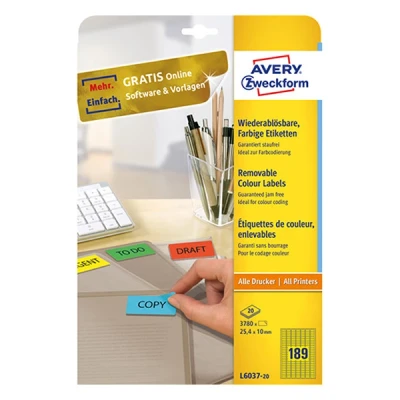 Imagen de Avery L6037 20 Amarillo Etiqueta para impresora autoadhesiva de Etiquetas (Amarillo, autoadhesiva, A4, Papel, Laser/Inyección tinta, Desmontable)