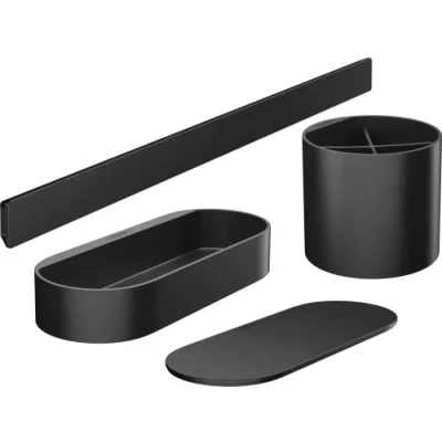 Imagen de hansgrohe WallStoris set de accesorios para cuarto baño, baño sin taladro, 4 piezas, barra mural, cesta con tapa, portacepillos, negro mate, 27968670