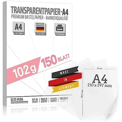 Imagen de 150 hojas de papel DIN A4 transparente PREMIUM 102g para autoimpresión, manualidades farolillo calco calco, película transferencia tarjetas lugar linterna