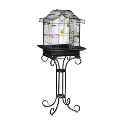 Imagen de Relaxdays Jaula Pájaros Pedestal, Canarios, Pinzones, Percha, Comedero, Pajarera Aves Exóticas, 146,5x55x50 cm, Negro