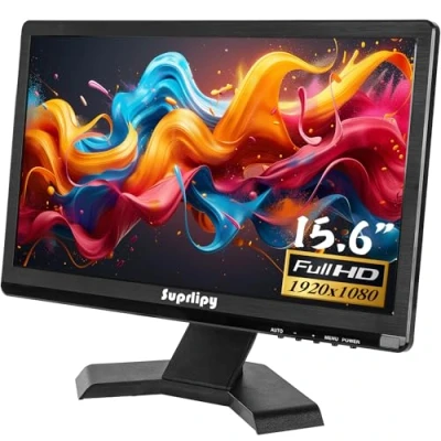 Imagen de Suprlipy Monitor IPS pequeño FHD de 15,6 Pulgadas Pantalla LCD 1920x1080 60Hz 16:9 con Entrada HDMI BNC VGA AV USB Altavoces incorporados para cámara Seguridad CCTV DVR PC RasPi