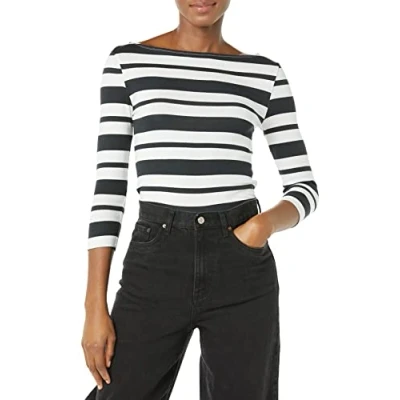 Imagen de Amazon Essentials Camiseta de Manga 3/4 y Escote Barco Corte Estrecho Mujer, Negro Blanco Franja Central, L