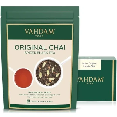 Imagen de VAHDAM, Té Original Suelto Masala Chai De La India (100 G/50 Tazas) Ingredientes Puros Negro Canela, Cardamomo, Clavo Y Pimienta Negra Estilo Latte Caliente O Helado