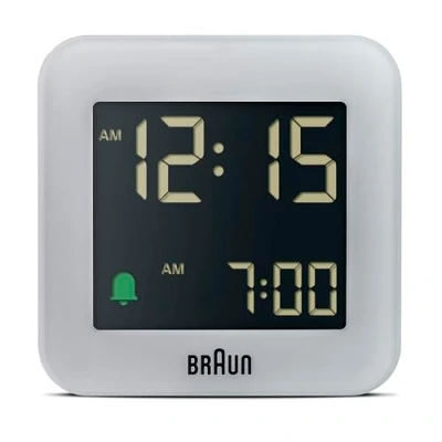 Imagen de Braun Reloj Despertador Digital de Viaje botón repetición, tamaño Compacto, Pantalla LCD Negativa, Ajuste rápido, Alarma en Crescendo, Color Gris, Modelo BC08G.