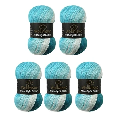 Imagen de Moonlight Glitter Batik Simli Ovillo de lana para tejer, 5 x 100 g, 500 tejer y crochet, 20% lana, metalizada, turca, degradada, brillante (5200 azul turquesa, blanco)