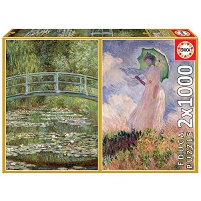 Imagen de Educa Pack de 2 Puzzles 1000 Piezas para Adultos Claude Monet, Estanque los Nenúfares + Mujer con Sombrilla. Incluye Pegamento Fix Puzzle. A Partir 14 años (19270)