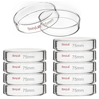 Imagen de stonylab Placa de Petri Vidrio (10 Unidades), 75x15 mm Placas Cultivo Celular Borosilicato Esterilizables en Autoclave con Tapa Transparente para Laboratorio