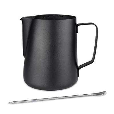 Imagen de Emsmil 350ml Jarra para Leche Acero Inoxidable Negro Pequeña Taza de Café Espumar con Marca Medición y Lápiz Artístico Jarritas Barista Cafetera