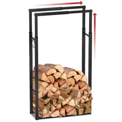 Imagen de VOUNOT Soporte de Madera, Estante Registro Chimenea, Leñera Leña, Almacenamiento Madera para Interiores y Exterior, Negro