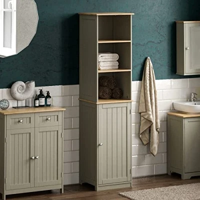 Imagen de Bath Vida Bathroom Cabinet Storage Priano Almacenamiento para baño, Armario de pie, Color Gris y Roble, Madera ingeniería, H :160 W : 40 D 38cm Approx