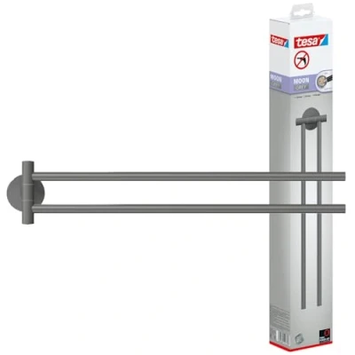 Imagen de tesa® MOON GREY Toallero de 2 brazos Doble Barra para Baños Estilo Industrial o Moderno Autoadhesivo, Sin Taladro 84 mm x 50 456 Gris Mate