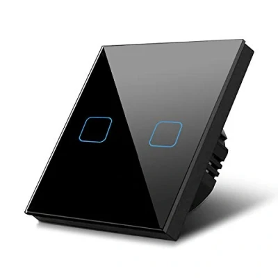 Imagen de Interruptor de luz táctil, doble, vidrio, negro con botón cuadrado dimensiones 86x86 mm, iluminación Maclean Energy MCE703B