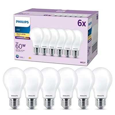 Imagen de Philips Bombilla LED A60 7W (Eq. 60W) 806 lúmenes, casquillo E27, Luz Blanca Cálida (2700k) Pack 6 Bombillas