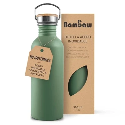 Imagen de Bambaw Botella agua acero inoxidable 500ml No Térmica, de verde, niños, deportiva, bicicleta Verde salvia