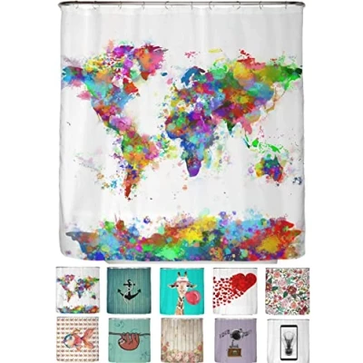 Imagen de arteneur® Cortina de ducha antimoho, 200 x cm, material reciclado, certificación Öko Tex Standard 100, dobladillo con peso, opaca, impermeable, lavable, 12 anillas y libro electrónico, mapamundi