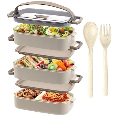 Imagen de OITUGG Fiambrera 3 Capas Bento Box 2200ml Lunch con piezas Compartimentos Ajustable Lonchera Cubiertos Hermetica, Sin BPA, Apto para microondas, Beige