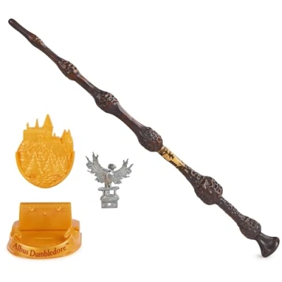 Imagen de Wizarding World Harry Potter, varita mágica de coleccionista Albus Dumbledore 12 pulgadas con soporte e icono fundido a presión, serie Magical Creatures