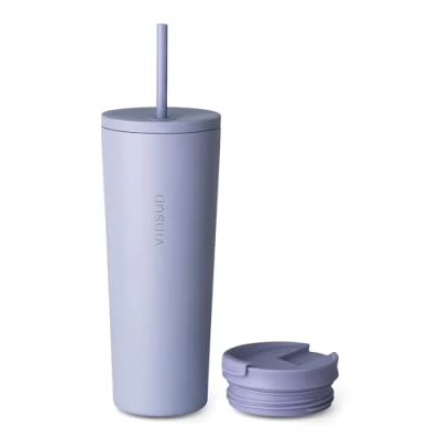 Imagen de VINSUN Vaso Térmico con Pajita 720ml Acero Inoxidable, a Prueba de Fugas, Doble Pared Aislada, Reutilizable Taza Térmica Dos Tapas para Viajes, Coche, Universidad