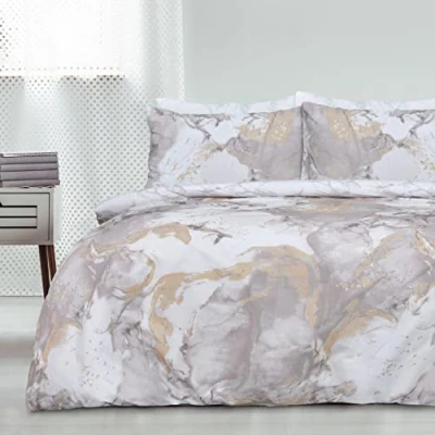 Imagen de Sleepdown Juego de Funda edredón Reversible mármol metálico Brillante y Dorado Natural con Fundas Almohada 200 cm x