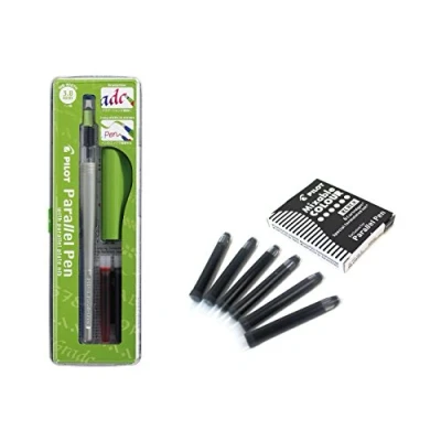 Imagen de Lote 1 Pluma Caligráfica Pilot Parallel Pen plumin 3.8 mm Recargable + Caja con 6 Recambios Color Negro