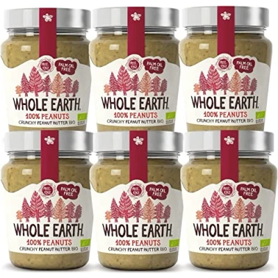 Imagen de Whole Earth Pack de 6 Unidades Crema Ecológica Cacahuete 227 g Sin Azúcar Añadido y Gluten Apta para Veganos Fuente Fibra Proteínas Ideal Untar en Pan o Tostadas