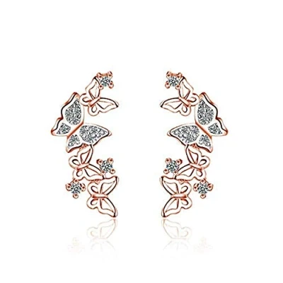 Imagen de Pendientes de tuerca mariposa hueca con circonita cúbica para mujeres y niñas, chapados en plata ley, diseño filigrana, hipoalergénicos (oro rosa)