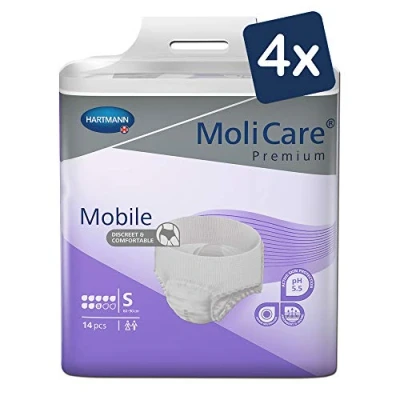 Imagen de MoliCare Premium Mobile Pantalones desechables para mujeres y hombres, uso discreto, 8 gotas, talla S (60 90 cm de cadera), 4 x 14 unidades