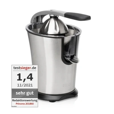 Imagen de Princess 201860 Exprimidor de Cítricos Master Juicer Pro, Cono universal acero inoxidable, Brazo Palanca Profesional, Potente Motor 300 W, Filtro para Pulpa, Depósito con Sistema Antigoteo
