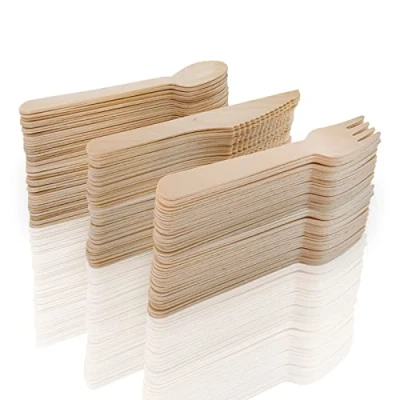 Imagen de MCE Commerce Cubiertos de madera, 50 tenedores cuchillos cucharas madera abedul, color marrón A5301150