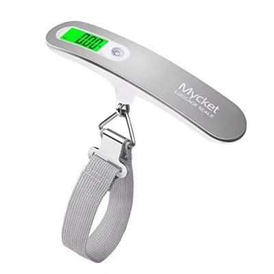 Imagen de Mycket Digital Portátil Báscula para Equipaje, Escala de Pesa Maletas, Equipaje Colgante con LCD Retroiluminación y Función Tara, 110 lb/50 kg, Ligera Viajes (Plateada)