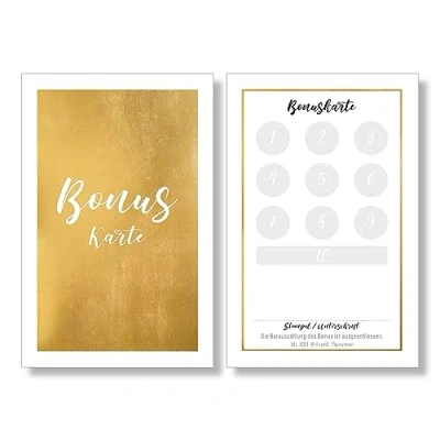 Imagen de Frank Paperman® 200 tarjetas de bonificación para clientes con relieve dorado brillante, 10 fidelidad sellar, sello doradas, tarjeta lealtad dorada