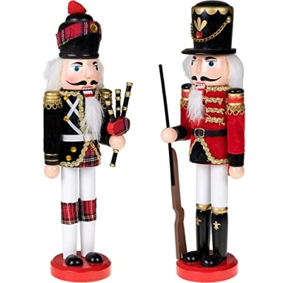 Imagen de KAHEIGN 2 Piezas Soldados de Cascanueces Madera, Estilo 30CM Figuras Tradicionale Navidad Soldado Pintado Madera Pino Primera Calidad por Decoración (Gaita &amp; Pistola)