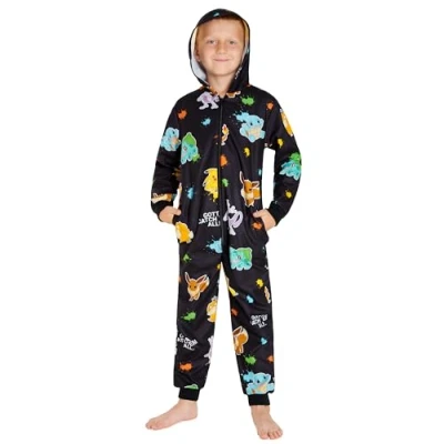 Imagen de Pokémon Pijama Niño Entero Niño, Onesie Cierre Cremallera Completo, Edad 4 14 Años, Regalo Navidad (Negro AOP, 13 años)