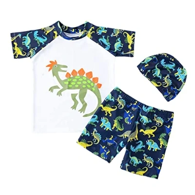 Imagen de FedMois Traje de Baño para Ninos Conjunto 3 Piezas Camiseta + Pantalones Cortos Gorro, Dinosaurio Blanco, 2 años