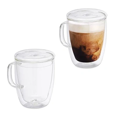 Imagen de Relaxdays Juego café Pack 2 Vasos de Cristal Doble Pared, 500 ml, Asa y Tapa, Vidrio Borosilicato, Tazas Aislantes, Transparente, 12.5 x 13.5 10 cm