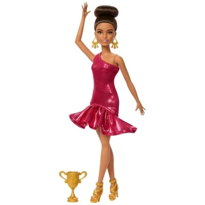 Imagen de Barbie Bailarina de concurso Muñeca con vestido rojo volantes, zapatos baile y pelo castaño, accesorio trofeo baile, JFR09