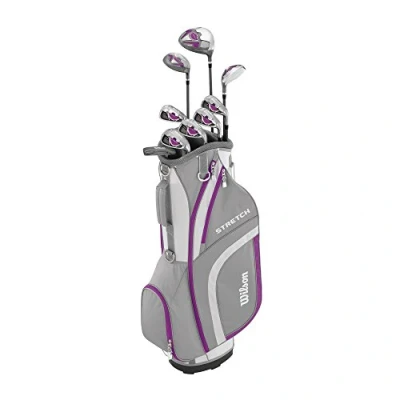 Imagen de Amazon Exclusive Wilson, Set completo para principiantes, 9 palos de golf con carro, Mujer (mano derecha) Stretch XL, Blanco/Gris/Violeta, WGG157554