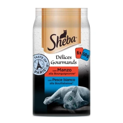 Imagen de SHEBA Delices Gourmands Bolsas Frescas, 6 x 50 g, Lote de 12 Unidades, diseño Taste of Paris